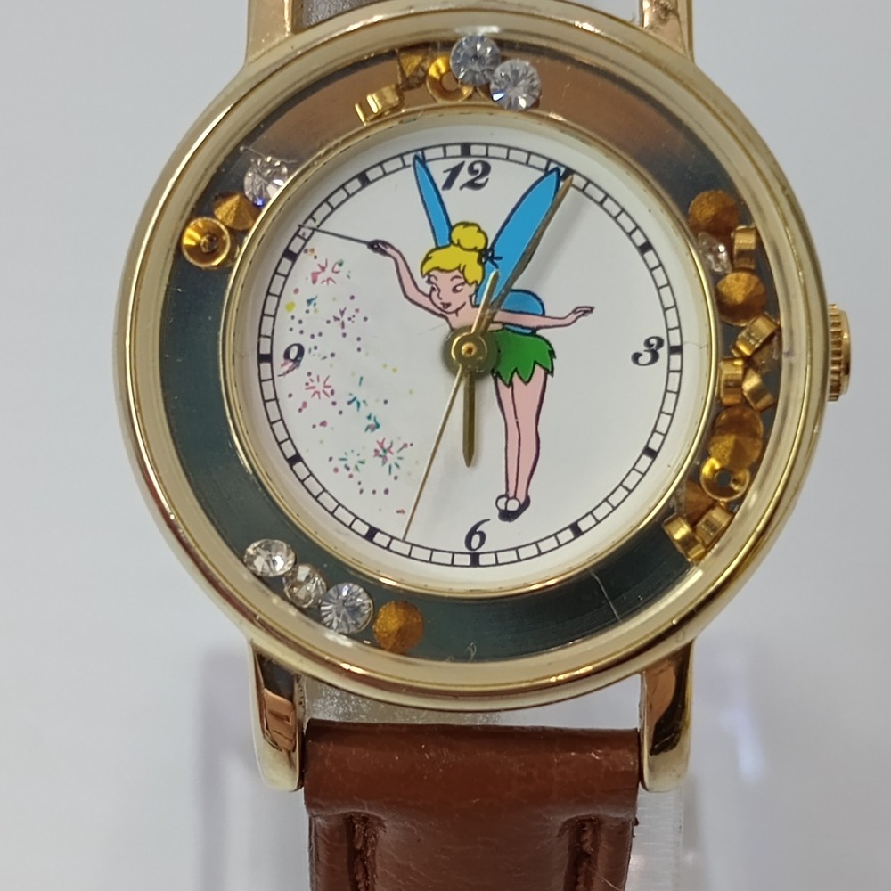 Disney Tinker Bell Floating Rhinestones Gold Tone Quartz Time Works New Battery - Picture 2 of 11